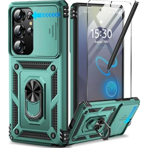 Samsung Galaxy S24 Ultra Uyumlu Ekran Koruyucu Kılıf Sürgülü Yüzüklü Standlı Darbe Emici Tank Kapak