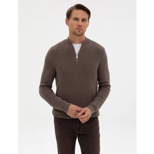 Pierre Cardin Erkek Vizon Melanj Slim Fit Dik Yaka Fermuarlı Triko Kazak 50317363-VR174