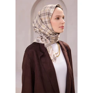 Ekose Desen Ipek Twill Eşarp 4218D01 Vizon