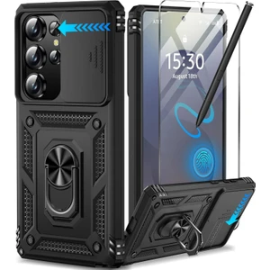 Samsung Galaxy S25 Ultra Uyumlu Ekran Koruyucu Kılıf Sürgülü Yüzüklü Standlı Darbe Emici Tank Kapak