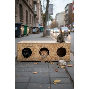 Kedi Evi Dış Ortam Uygun 3'lü Ahşap Kedi Evi Osb 93X41X39 cm - CAT11