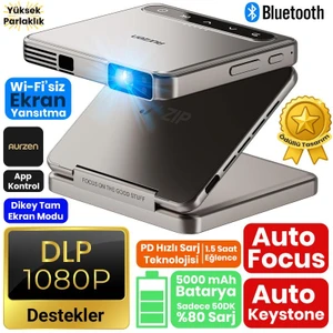 Aurzen Zıp Katlanabilir Dlp 1080P Destekli Bataryalı Projeksiyon Cihazı +Auto Focus+Auto Keystone+Type-C Hızlı Şarj+6g Wifi+6.1 Bluetooth Gold - Ps5/ps4/xbox