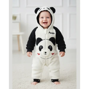 Peluş Panda Bebek Tulumu - Kapüşonlu, Fermuarlı, Alttan Çıtçıtlı Pamuklu 0-12 Ay