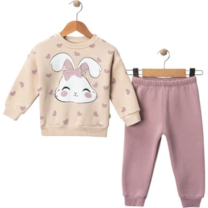 Kız Çocuk Kalpli Tavşan Baskılı 3 Iplik Şardonlu Kalın Kışlık Eşofman Takımı 2-5 Yaş