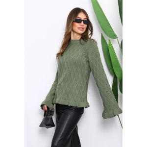 Haki Bel ve Kol Ucu Fırfırlı Triko Kazak