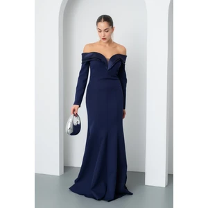 Kadın Lacivert Kayık Yaka Uzun Balık Abiye Elbise