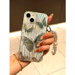 iPhone 13 - 14 - 15 Kılıf Hologram Charm Askılı Hologram Kelebek Tasarımlı Desenli Silikon Kapak