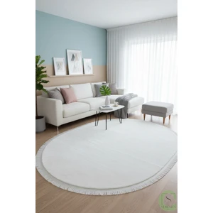 Serenita Home Post/peluş Yıkanabilir Kaymaz Taban Yumşacık Beyaz Oval Saçaklı Modern ve Şık Salon Oturma Odası Mutfak Çocuk Odası Koridor Antre Halısı
