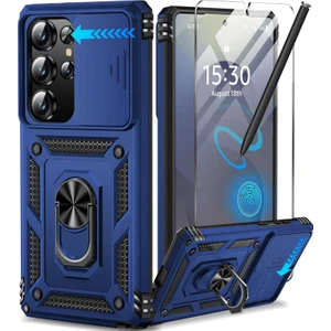 Samsung Galaxy S24 Ultra Uyumlu Ekran Koruyucu Kılıf Sürgülü Yüzüklü Standlı Darbe Emici Tank Kapak