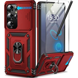 Samsung Galaxy S24 Ultra Uyumlu Ekran Koruyucu Kılıf Sürgülü Yüzüklü Standlı Darbe Emici Tank Kapak