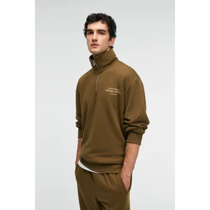 BRAM Erkek %100 Pamuk Dik Yakalı Yarım Fermuarlı Baskılı Haki Sweatshirt