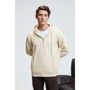 JUSTUS Erkek Kapüşonlu Kanguru Cepli Fermuar Yakalı Krem Sweatshirt
