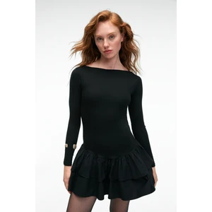 PANI TRUSEA Kadın Üstü Esnek Eteği Dokuma Kumaşlı Regular Mini Siyah Elbise