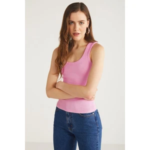 Lıllesol Kadın Pamuklu Fitilli Görünümlü Kare Yaka Kalın Askılı Basic Koyu Pembe Atlet