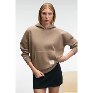 CLARIE Kadın Organik Pamuklu Oversize Kanguru Cepli Kapüşonlu Vizon Sweatshirt