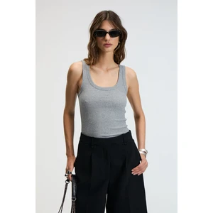 LILLESOL Kadın Fitilli Görünümlü Slim Fit Vücuda Oturan Havuz Yakalı Pamuklu Basic Antrasit Atlet