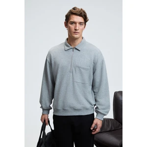 AUGUST Erkek %100 Pamuk Yarım Fermuarlı Yakalı Cepli Süs Etiketli Grimelanj Sweatshirt