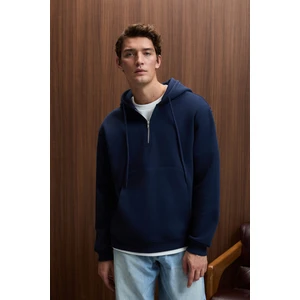 JUSTUS Erkek Kapüşonlu Kanguru Cepli Fermuar Yakalı Lacivert Sweatshirt