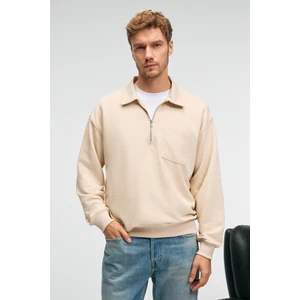 AUGUST Erkek %100 Pamuk Yarım Fermuarlı Yakalı Cepli Süs Etiketli Bej Sweatshirt