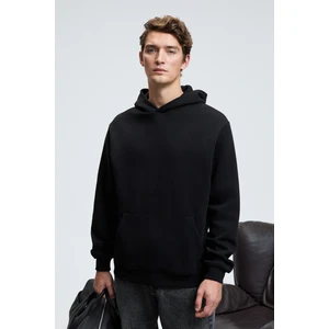 AMOS Erkek Yumuşak Kumaşlı 3 İplik Oversize Kapüşonlu Kanguru Cepli Siyah Sweatshirt