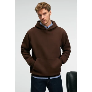 AMOS Erkek Yumuşak Kumaşlı 3 İplik Oversize Kapüşonlu Kanguru Cepli Acı Kahve Sweatshirt