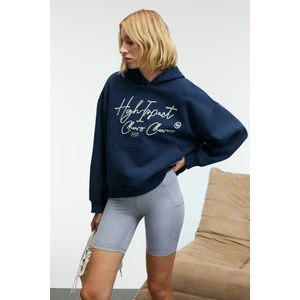 KIKRES Kadın Kapüşonlu Nakış Detaylı Oversize Lacivert Sweatshirt