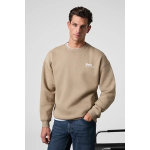 Ernest Erkek Organik Pamuklu Yumuşacık Baskı Detaylı Bisiklet Yaka İçi Polarlı Bej Sweatshirt