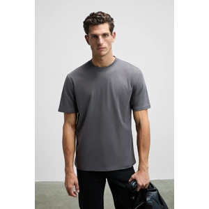 Solo Erkek %100 Organik Pamuklu Kalın Dokulu Comfort Fit Bisiklet Yakalı Antrasit T-Shirt