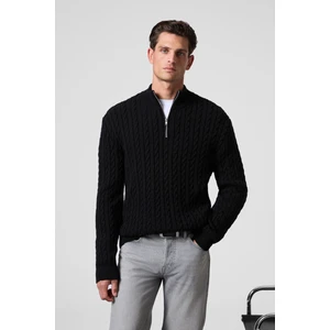 IVAR Erkek Yarım Fermuarlı Dik Yakalı Saç Örgü Desenli Triko Siyah Kazak