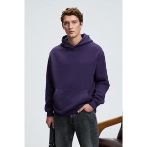 AMOS Erkek Yumuşak Kumaşlı 3 İplik Oversize Kapüşonlu Kanguru Cepli Mor Sweatshirt