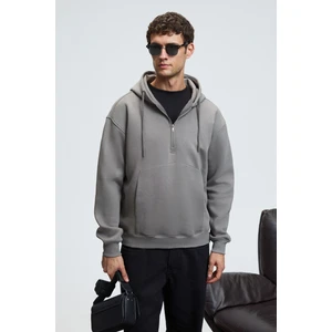JUSTUS Erkek Kapüşonlu Kanguru Cepli Fermuar Yakalı Koyu Gri Sweatshirt