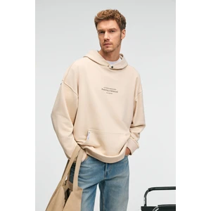 CLAY Erkek %100 Pamuk Kapüşonlu Çıtçıtlı Baskılı Cebi Süs Etiketli Krem Sweatshirt