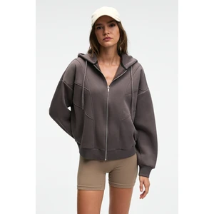VYSELLE Kadın Önü Kesikli Metal Fermuarlı Kapüşonlu Etiket Detaylı Oversize Antrasit Sweatshirt