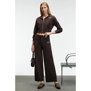 MORVELLA Kadın Nakışlı Regular Fit Koyu Kahverengi Eşofman Altı