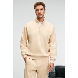 BAXTER Erkek Dik Yakalı Fermuarlı Relaxed Vanilya Sweatshirt