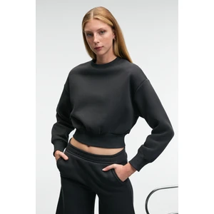 KARALIS Kadın Pamuklu Bisiklet Yaka Crop Antrasit Sweatshirt