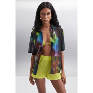 Enora Kadın Kısa Kollu Şifon Sarı-mavi / Desenli Gömlek