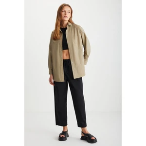 Gaıa Kadın Oversize Kalıp %100 Keten Uzun Kollu Tek Cepli Vizon Gömlek