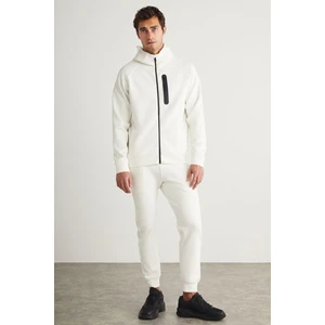Robert Erkek Ikili Set Slim Fit Teknik Kumaşlı Su Geçirmez Cep Fermuarlı Kapüşonlu Ekru Alt-üst Takı