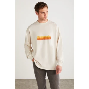 AUGUSTO Erkek %100 Pamuklu Önü Ve Arkası Baskı Detaylı Uzun Kollu Oversize Taş Rengi T-Shirt