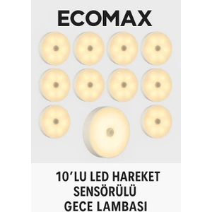 10’lu Şarjlı Hareket Sensörlü LED Gece Lambası – 3 Mod (On/auto/off), Manyetik, Usb, Göz Koruyucu Sıcak Beyaz Işık
