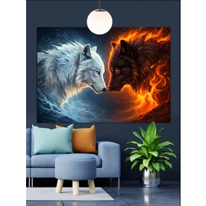 Ateş ve Buz Temalı Kurt Portresi Dekoratif Kanvas - Mdf Ahşap Tablo