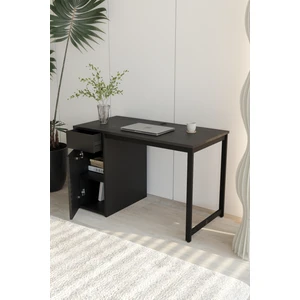 Siyah 120X60 Çalışma Masası, Dolaplı, Çekmeceli, Raflı, Bilgisayar Masası, Metal Ayaklı