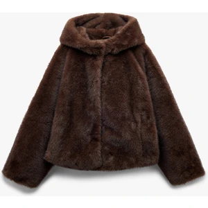 Kapüşonlu Cepli Oversize Suni Kürk Kaban