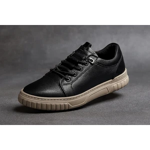 GR0397 Hakiki Deri Agresif Tarz Akıllı Bağcık Kemik Renk Şerit Taban Siyah Sneaker Ayakkabı