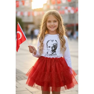 Kız Çocuk Tül Yaldızlı İçi Astarlı Etek , Simli Yaldızlı Kırmızı Etek 23 Nisan Etek
