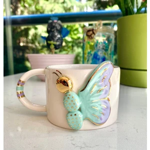 El Yapımı Seramik Gerçek 24K Altın Dekorlu Mavi Yarım Kelebek Kupa