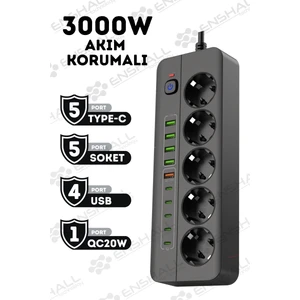 Pro P13 3000W Akım Korumalı 5 Girişli Type-C ve USB Girişli Uzatmalı Grup Priz