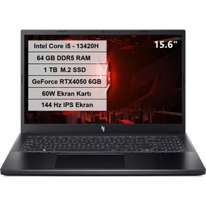 Nitro V 15 Intel Core i5 13420H 64GB DDR5 1TB M.2 SSD RTX 4050-6GB 60W FreeDos 15.6" FHD IPS 144Hz Taşınabilir Bilgisayar NH.QNBEY.005