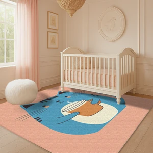 TURKISHRUG KINGDOM Eğlenceli Tatlı Hayvan Figürlü Çocuk Odası Halısı, Pembe Zemin, Kaymaz Taban ve Makinede Yıkanabilir